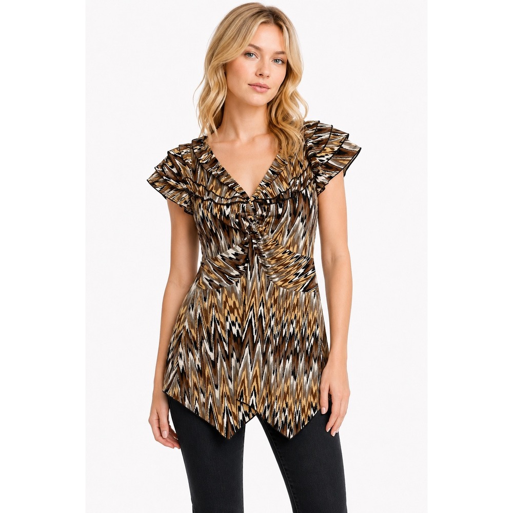Suzie Brown Artsy Twist Front Y2K Chevron-Ikat Ruffle Sleeve Blouse Women L